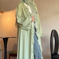 Soft Sage Green Abaya Set with 3D Lace Rose Embroidery