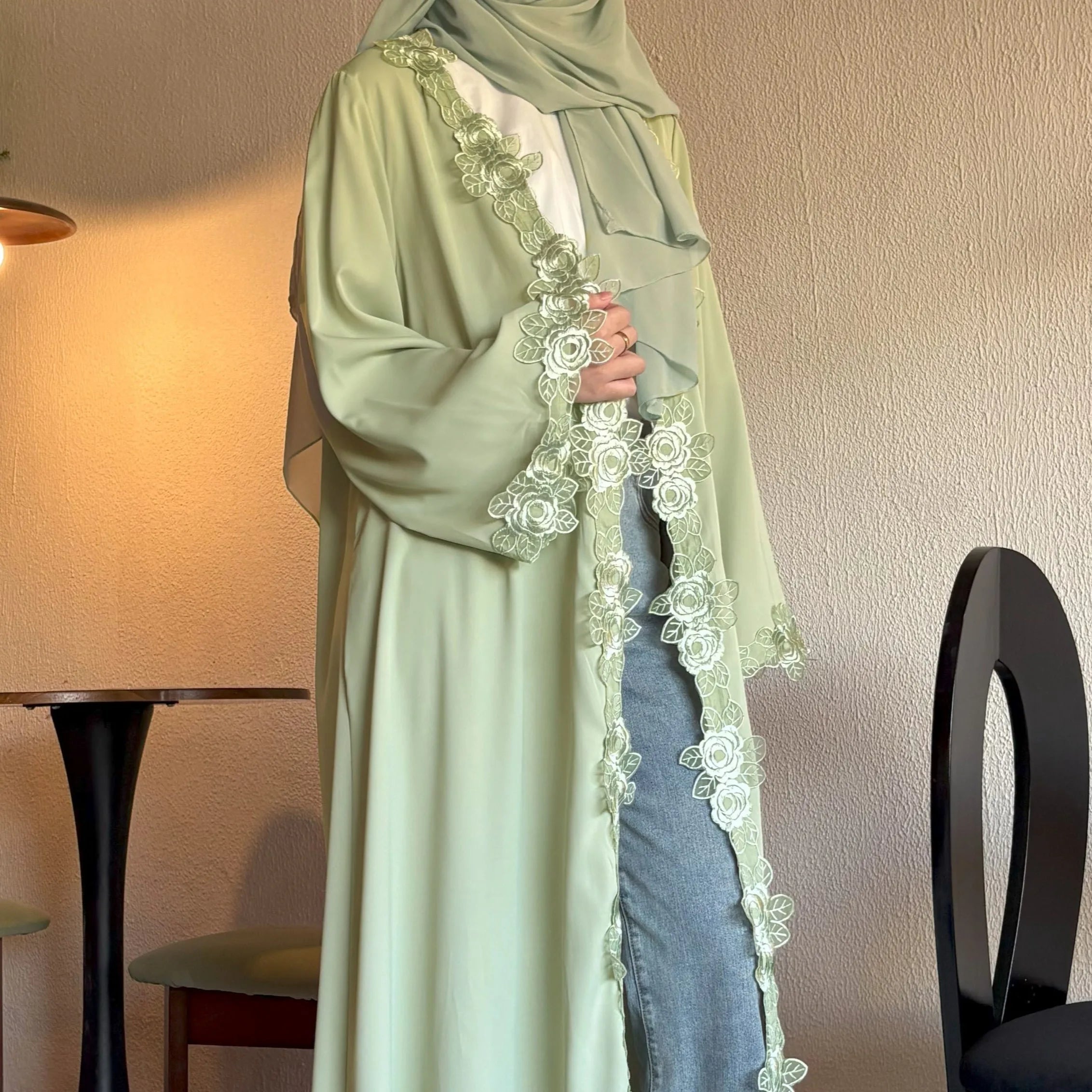 Soft Sage Green Abaya Set with 3D Lace Rose Embroidery
