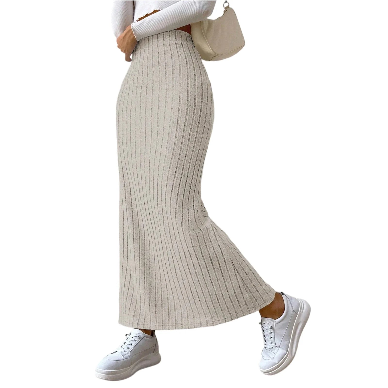 Solid Color Knitted Thick High Waist Slit Skirt