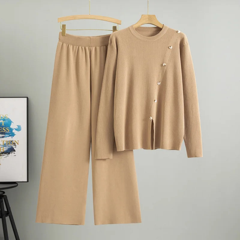 Muslim Knitted Pullover Sweater Wide Leg Pant Set