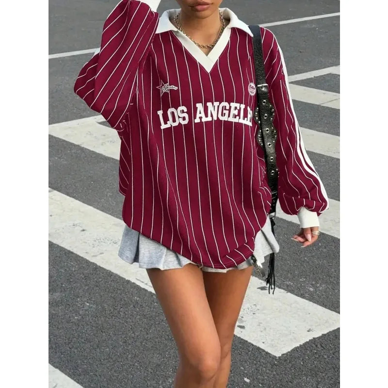 Casual Striped Letter & Number Print Athletic Polo