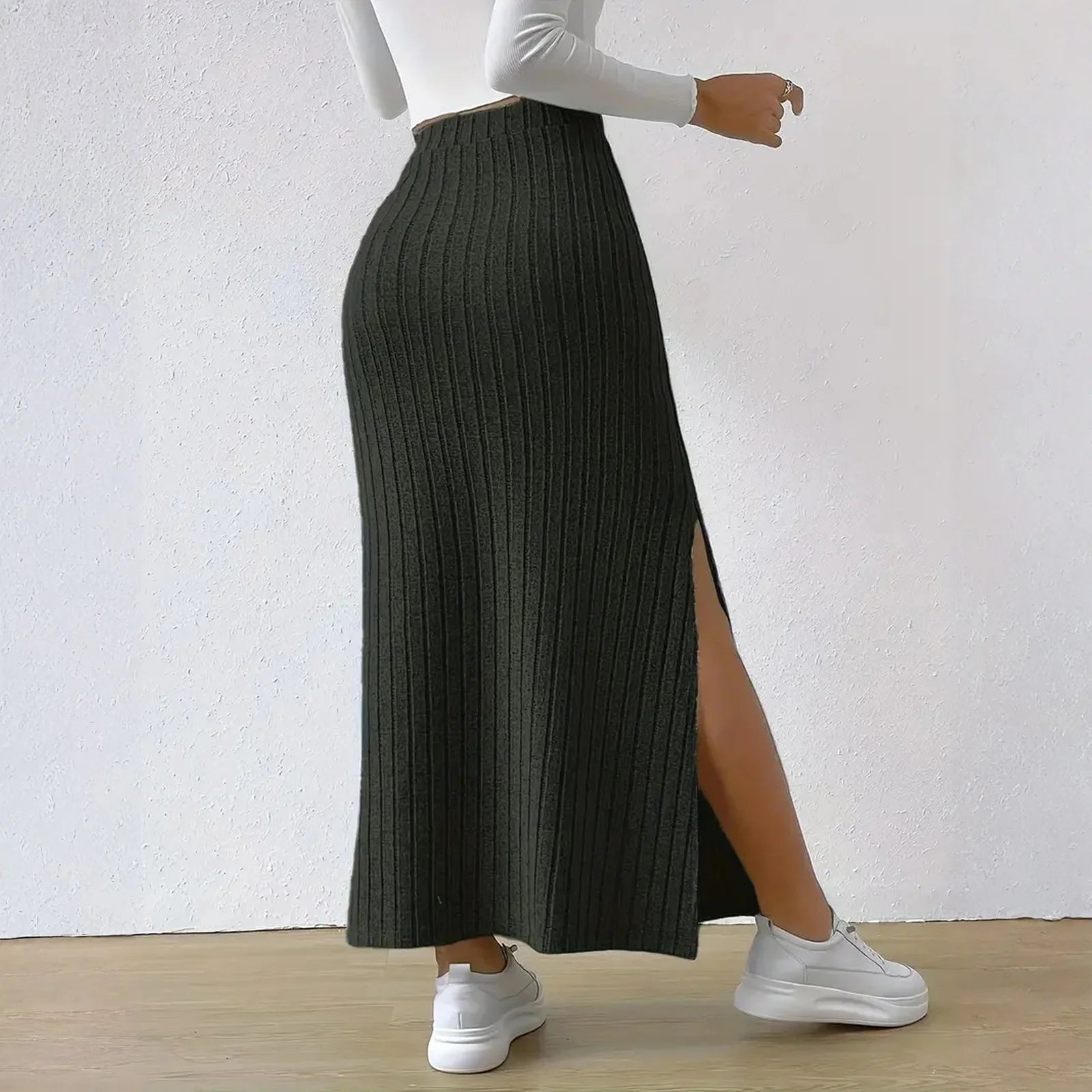 Solid Color Knitted Thick High Waist Slit Skirt