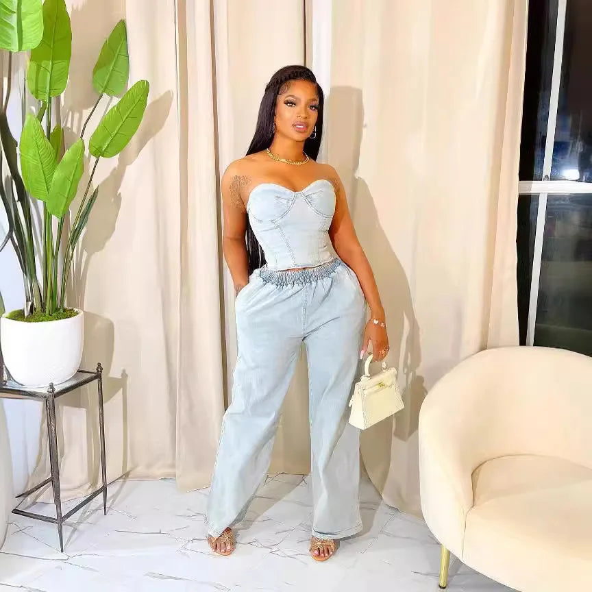 Denim Ensemble Strapless Top Sleeveless Backless Zipper Elastic Waist Jeans 2 Piece Set