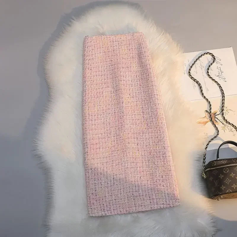 Long High Waist Plaid Tweed Skirt