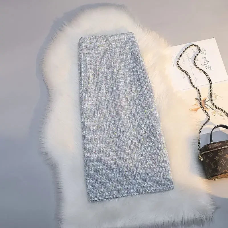 Long High Waist Plaid Tweed Skirt