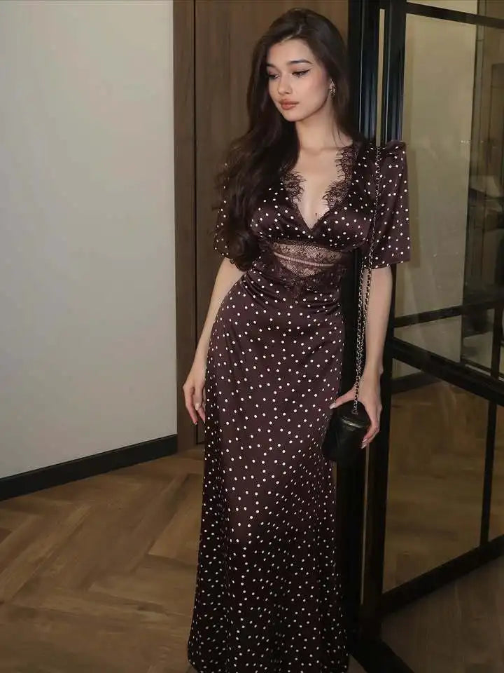 Articat Elegant Satin Lace Patchwork Hollow Out Dress