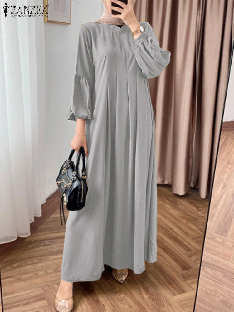 Elegant Long Sleeve Pleated Sundress Muslim Abaya