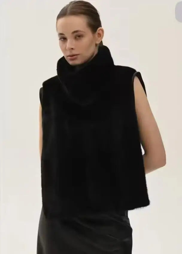 2025 New Autumn Winter Turtleneck Eco Faux Mink Fur Tank Tops Sleeveless Jacket Coat Faux Fur Sable Vest Crop Top