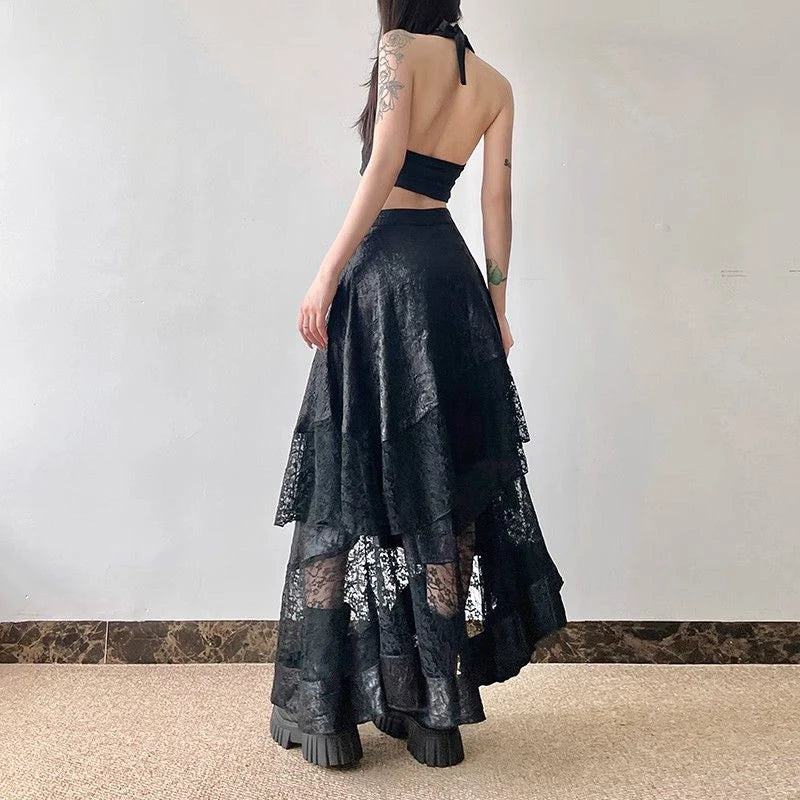 Victorian Edge Asymmetric Tiered High Waist Lace Sheer Skirt