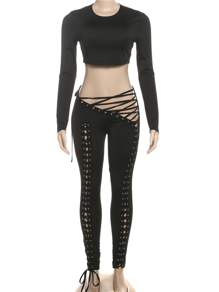 Solid Full Sleeve Crop Tops+Drawstring Slash Waist Pants Set