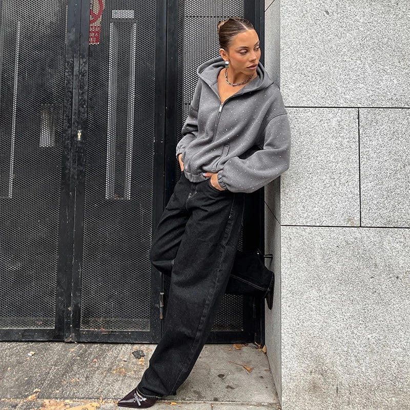 Rhinestone Zipper Hoodie