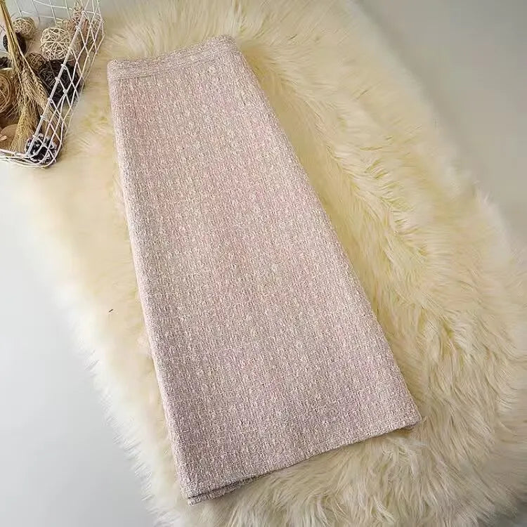 Long High Waist Plaid Tweed Skirt