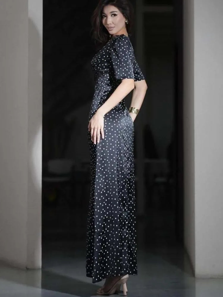 Articat Elegant Satin Lace Patchwork Hollow Out Dress