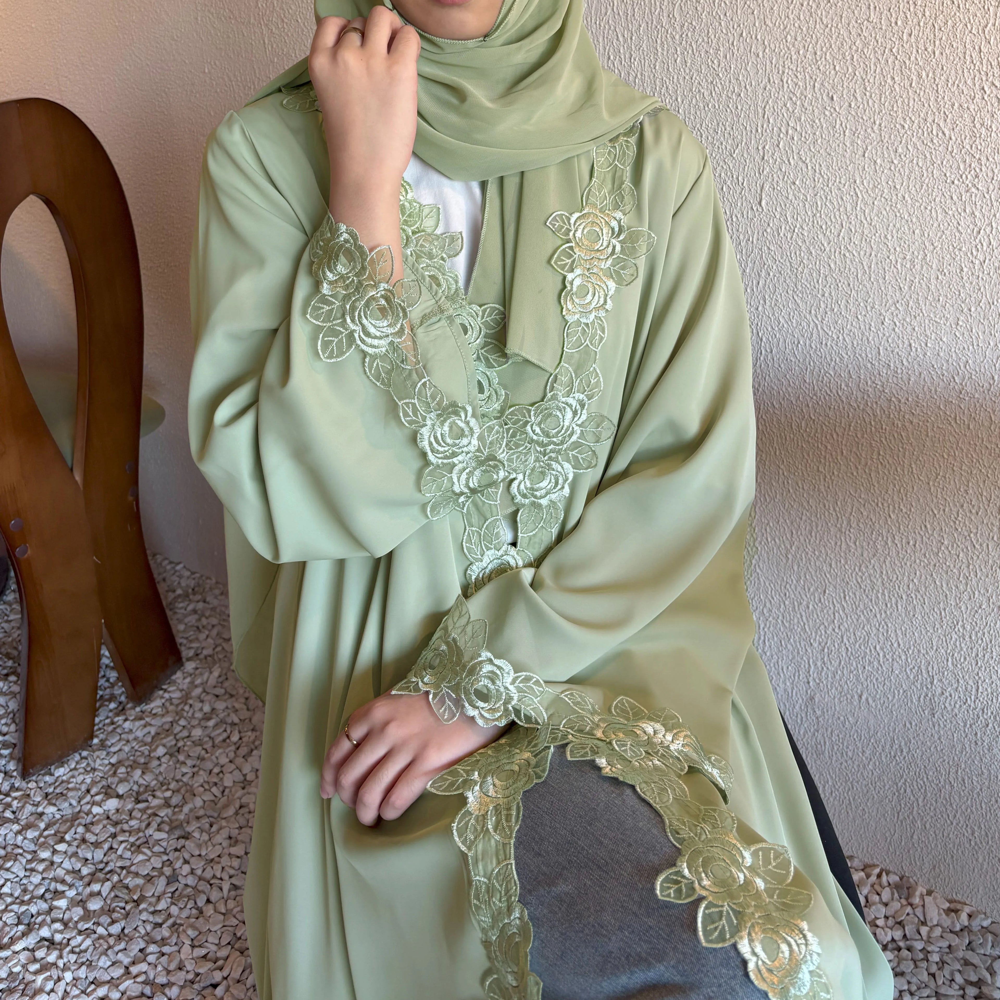 Soft Sage Green Abaya Set with 3D Lace Rose Embroidery