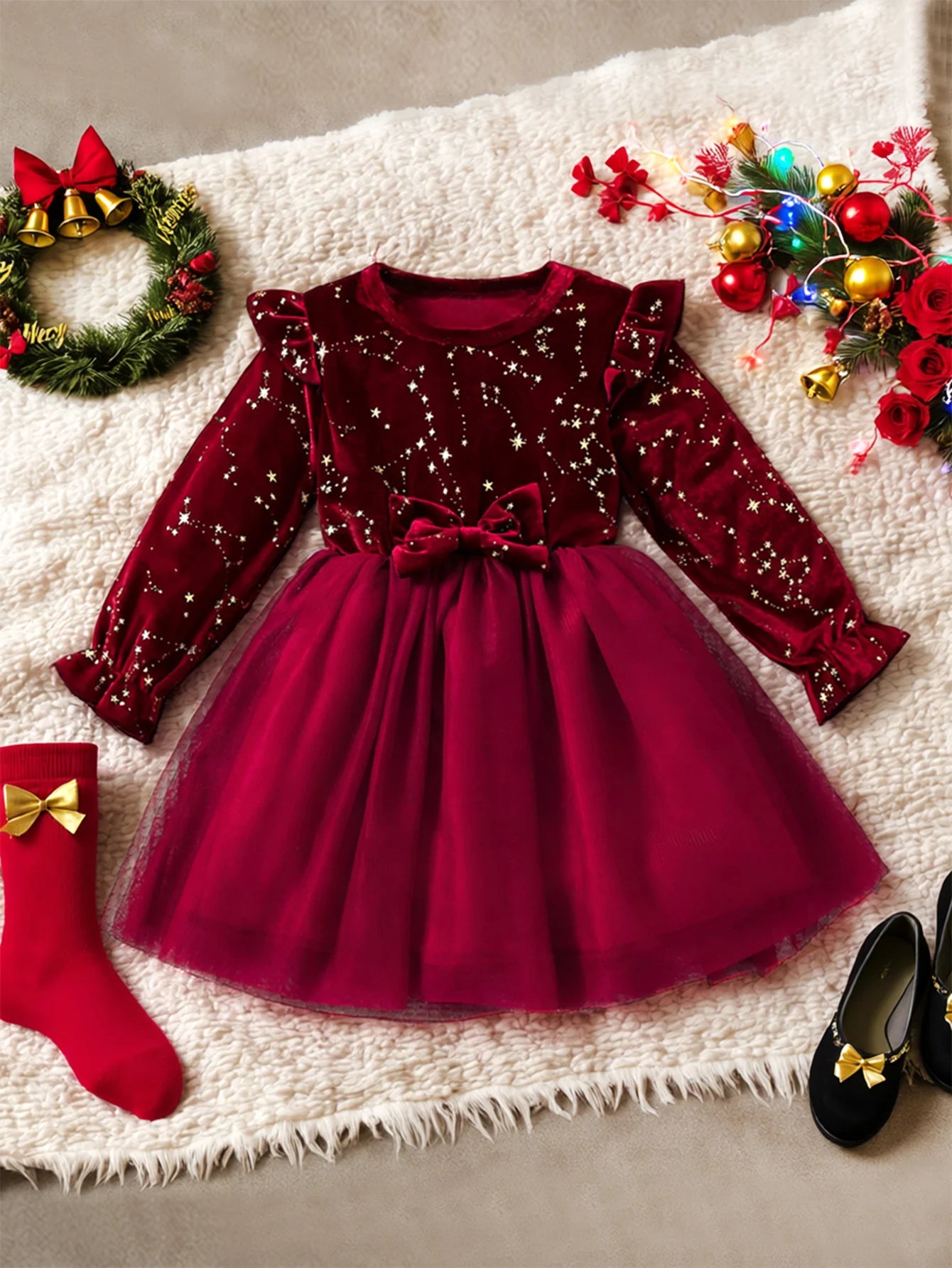 Velvet Long Sleeved Mesh Bow Princess Dress