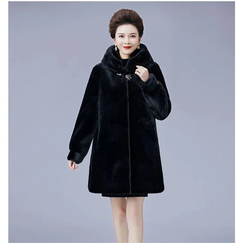2024 New Mink Coat Female Mid-Elderly Mother Whole Mink Fur Mid-Long Parka Mother's Mink Velvet Coat Imitation Fur Coat Hooded