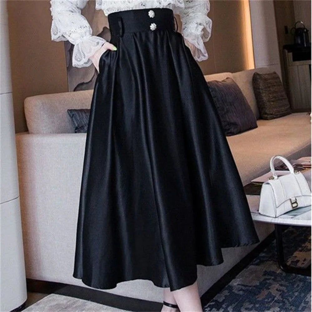 Big Swing High Waist Black Skirts Women Fashion Pleated Satin Midi Skirt Woman Button A-line Autumn Winter Long Party Skirt Lady
