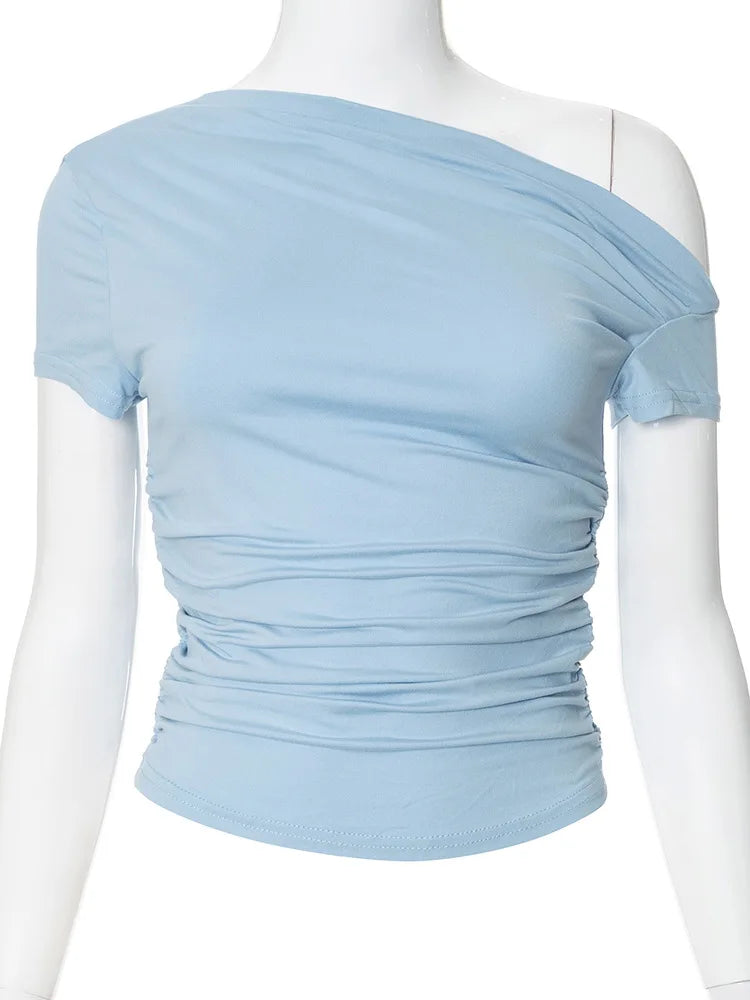 Solid Color High Elasticity Fabric Slash Shoulder Short Sleeve Pleated Navel Reveal Top