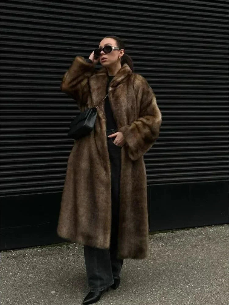Mixed-color Lapel Long Coat