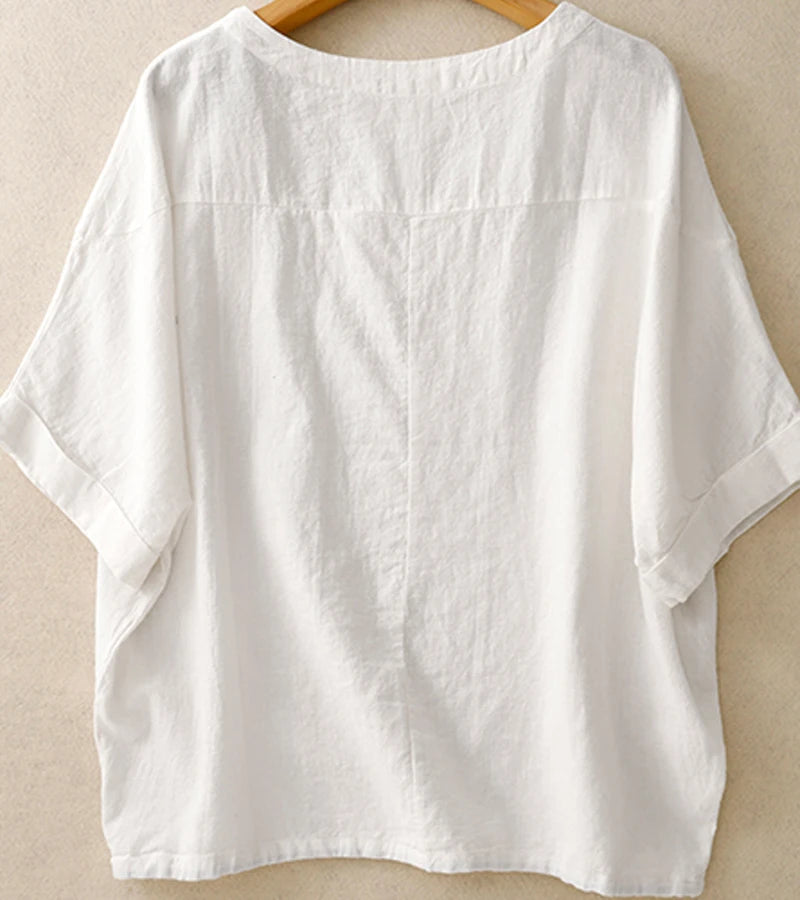 Linen Round Neck Short-Sleeved Shirt