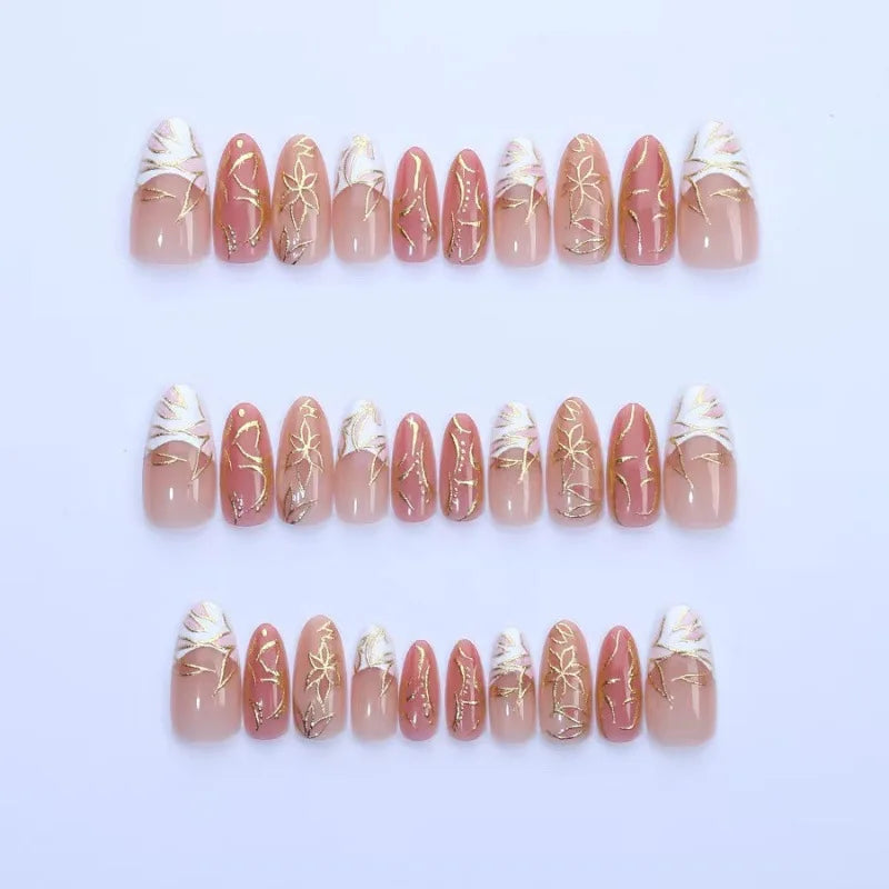 24PCS Luxury Golden Flower Irregular Lines Almond False Nails