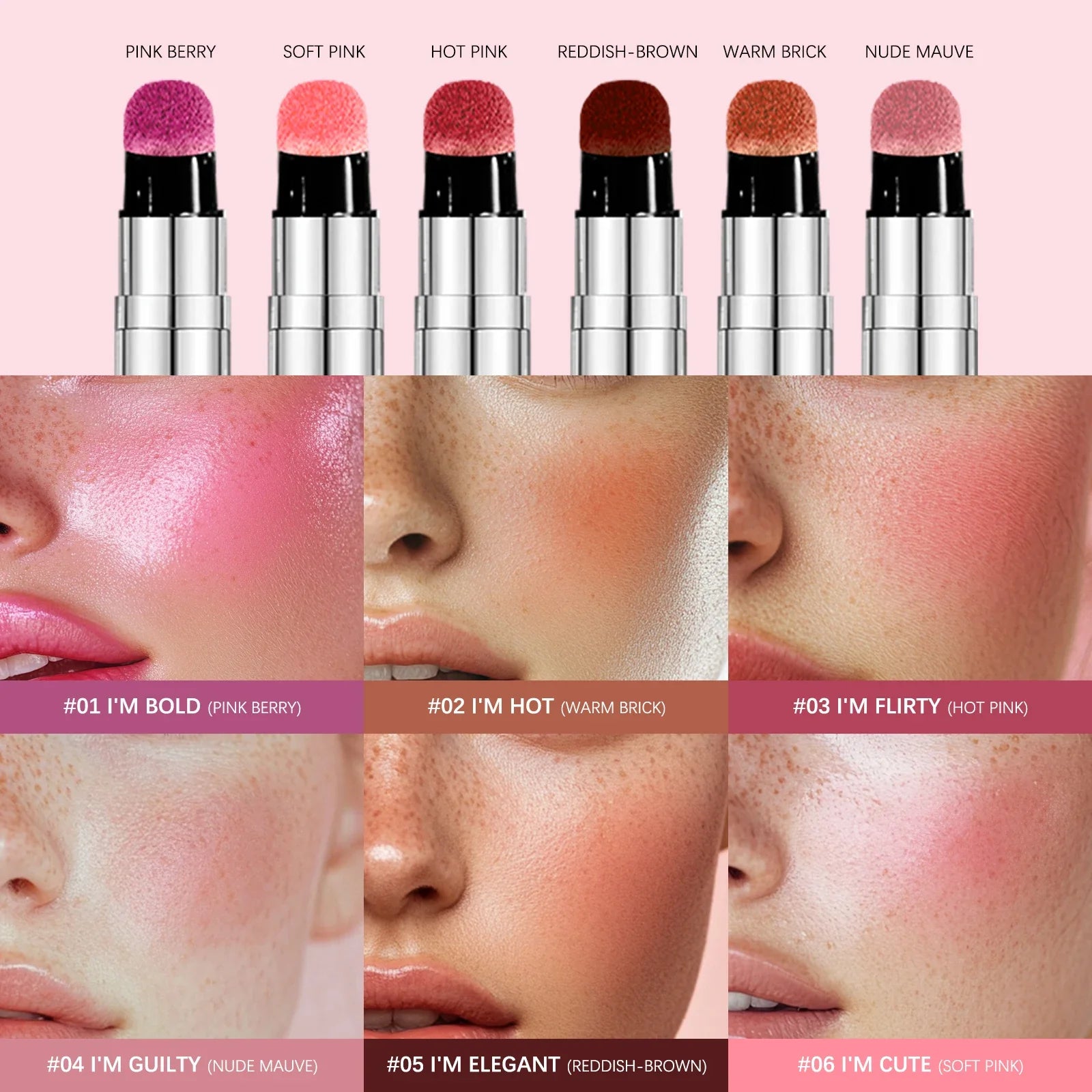 6 Colors Liquid Blush Stick with Sponge Tip Matte Makeup Waterproof Long-Lasting Color Correction Smooth for Lips and Cheeks