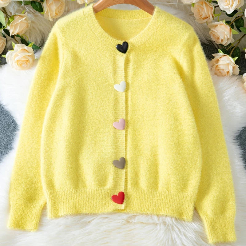 Fuzzy Yellow Cardigan Colorful Heart Buttons