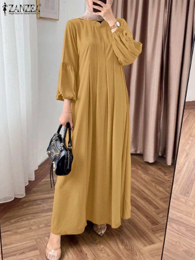 Elegant Long Sleeve Pleated Sundress Muslim Abaya