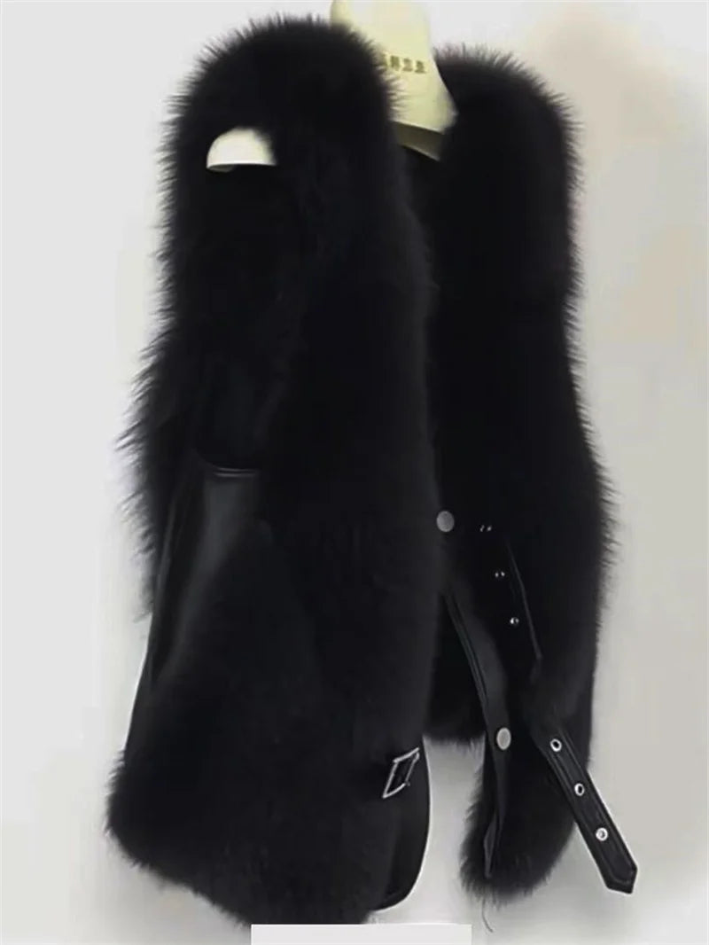 2024 Autumn and Winter Fox Fur Vest Short Style Splicing Solid Color Fur New Camry Shoulder V-neck Qianjin Style Short Style