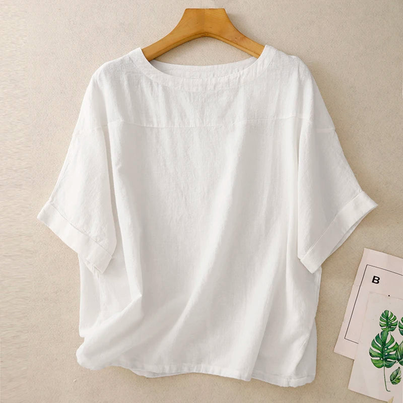 Linen Round Neck Short-Sleeved Shirt