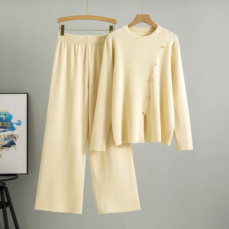 Muslim Knitted Pullover Sweater Wide Leg Pant Set