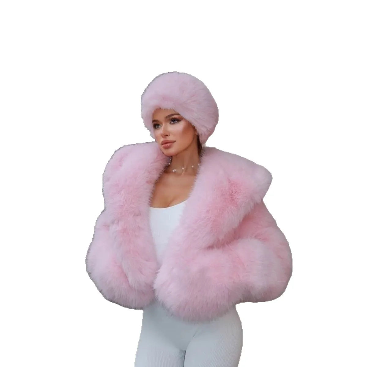 2025 Women Pink Winter Artificial Fur Outwear Elegant Big Fur Trim Hood Female Imitation Fur Coat Cropped Sweet Lady Fur Coat