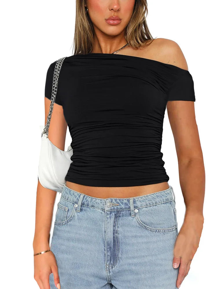 Solid Color High Elasticity Fabric Slash Shoulder Short Sleeve Pleated Navel Reveal Top