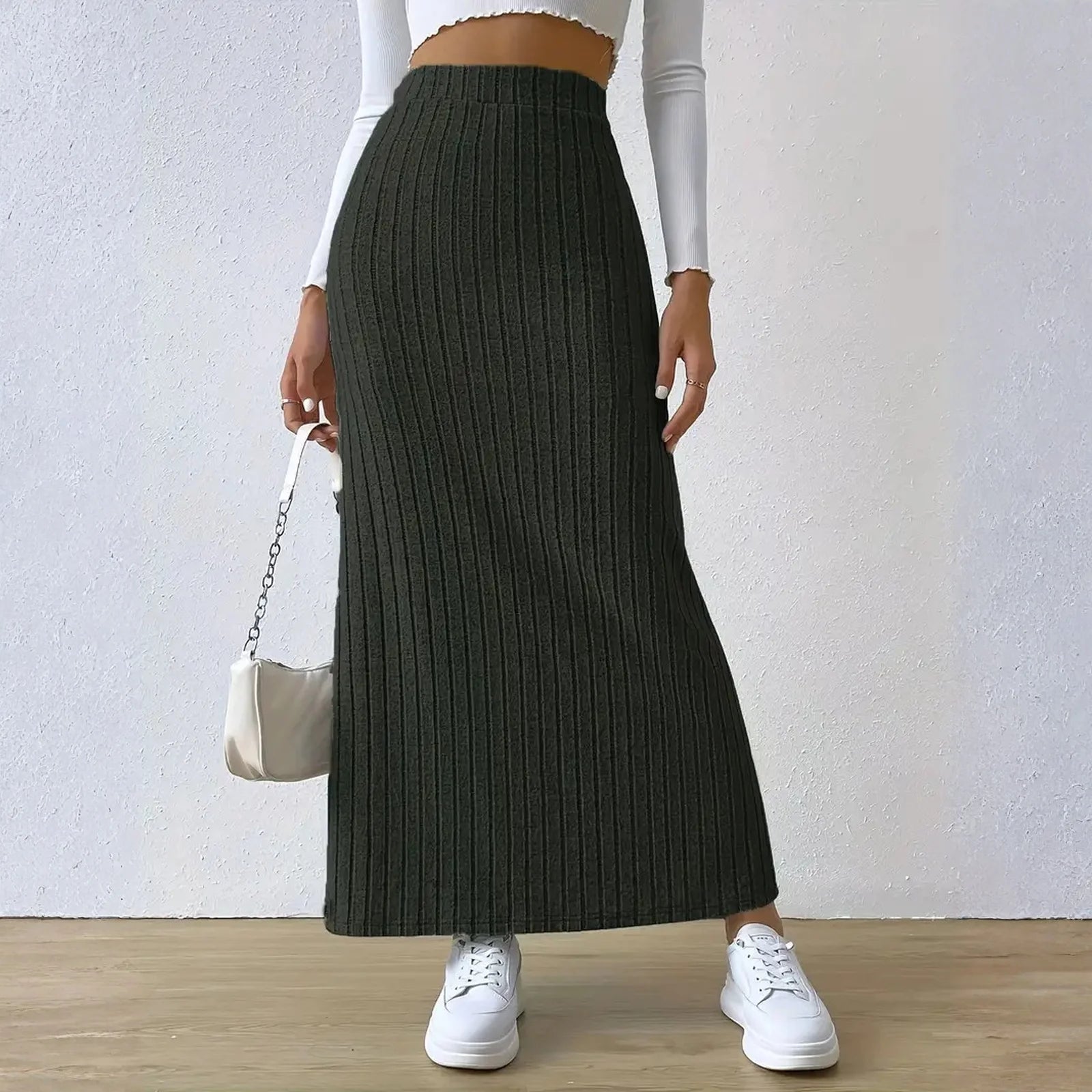 Solid Color Knitted Thick High Waist Slit Skirt