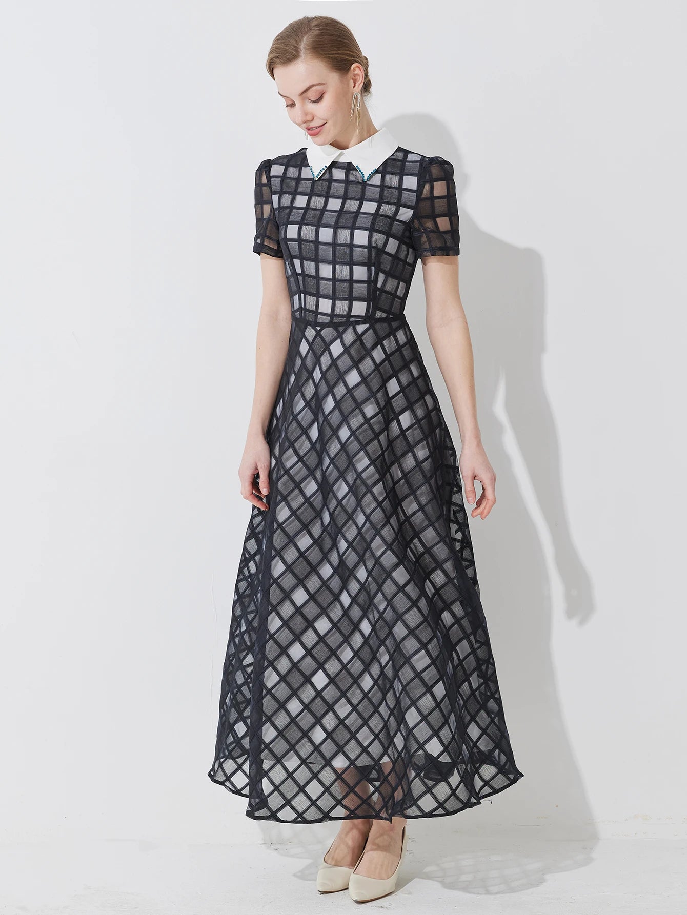 Plaid Dress Lapel A-Line Long Dress
