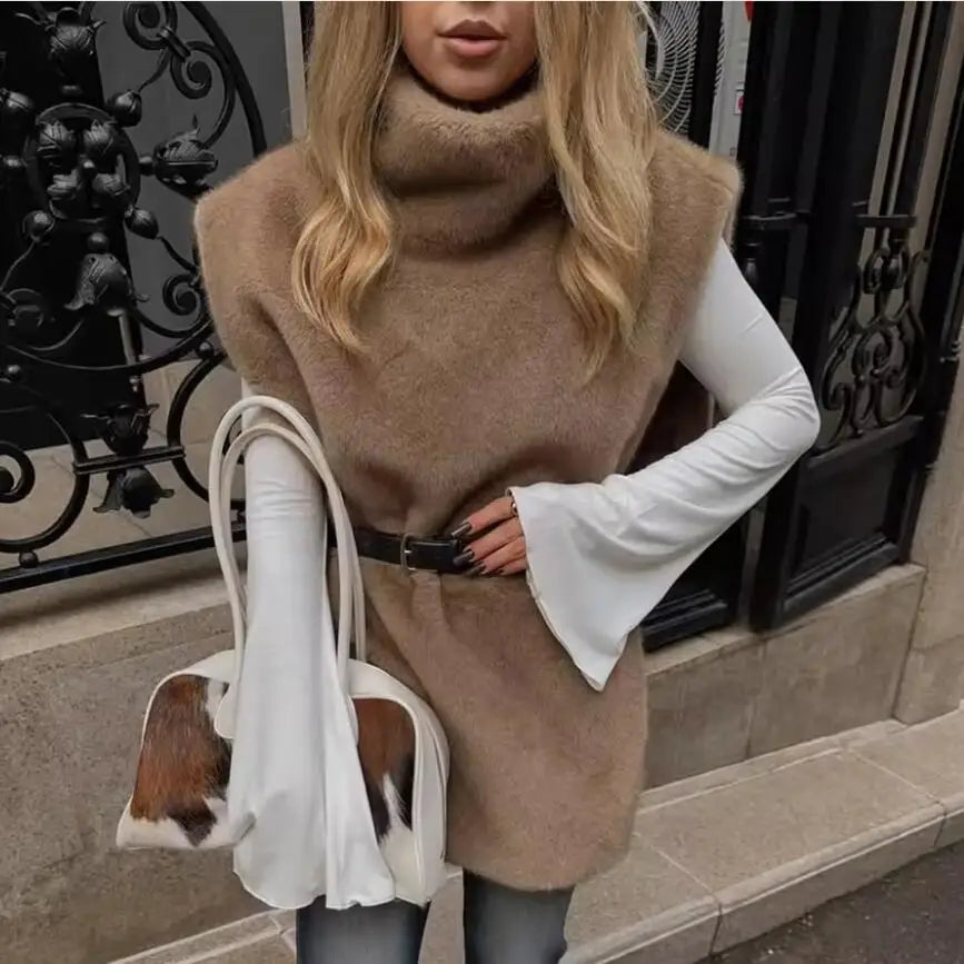 2025 Brand Fashion Faux Fur Sable Vest Crop Top Autumn Winter Turtleneck Eco Mink Fur Tank Tops Sleeveless Jacket Coat