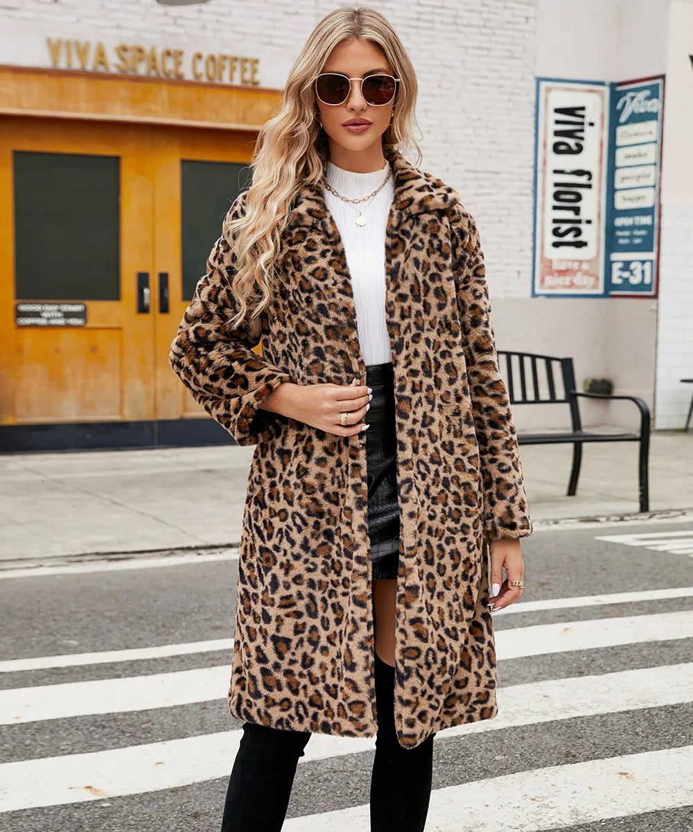 Autumn Winter Fur Coat Women Fashion Casual Square Collar Imitation Leopard Faux Fur Coat Plush Long Coat Winter Jacket