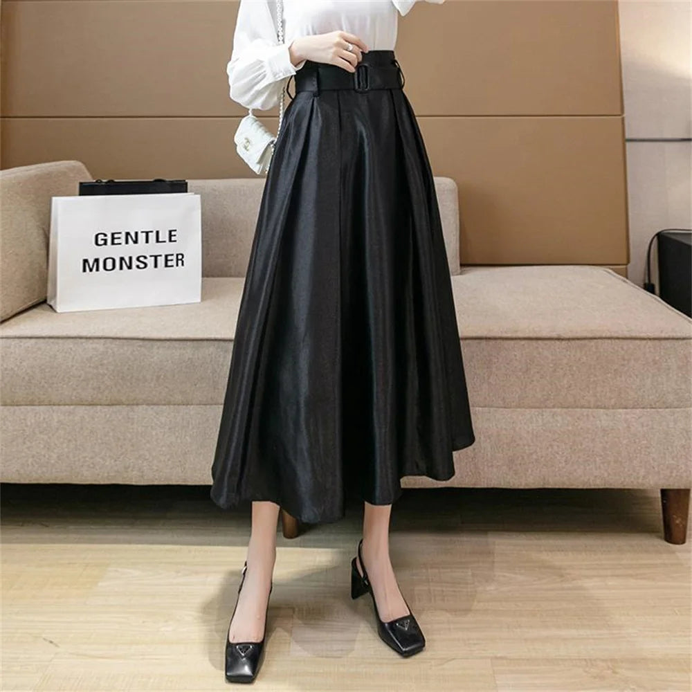 Big Swing High Waist Black Skirts Women Fashion Pleated Satin Midi Skirt Woman Button A-line Autumn Winter Long Party Skirt Lady