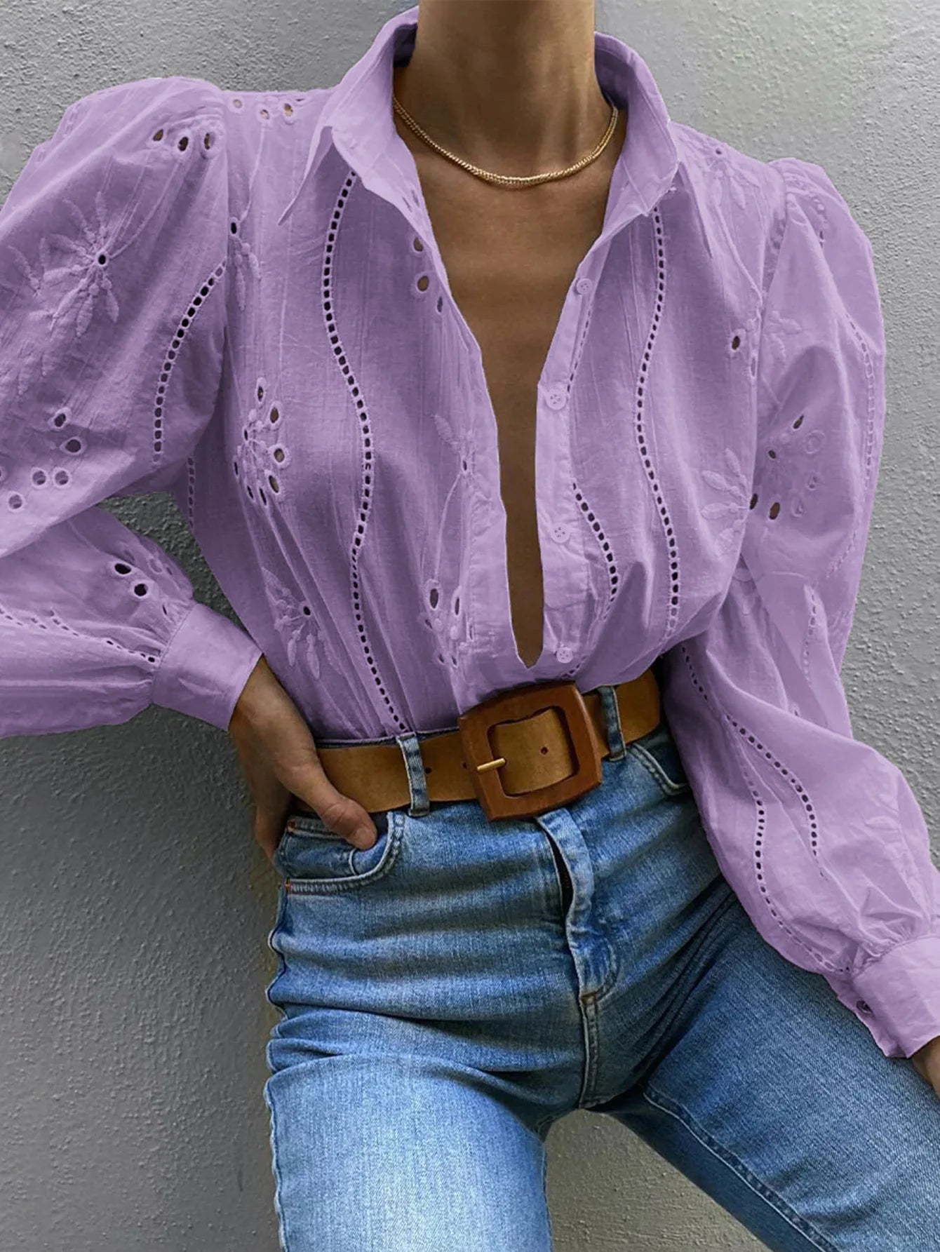 2025 Autumn New Solid Shirt Casual Loose Fashion Hollow Puff Sleeve Cardigan Tops For Women Office Black Hollow out Blouses