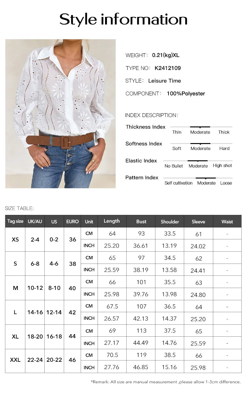 2025 Autumn New Solid Shirt Casual Loose Fashion Hollow Puff Sleeve Cardigan Tops For Women Office Black Hollow out Blouses