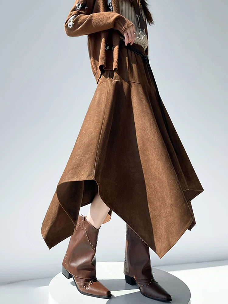 High Waist Vintage Belt Faux Suede Fabric Skirt