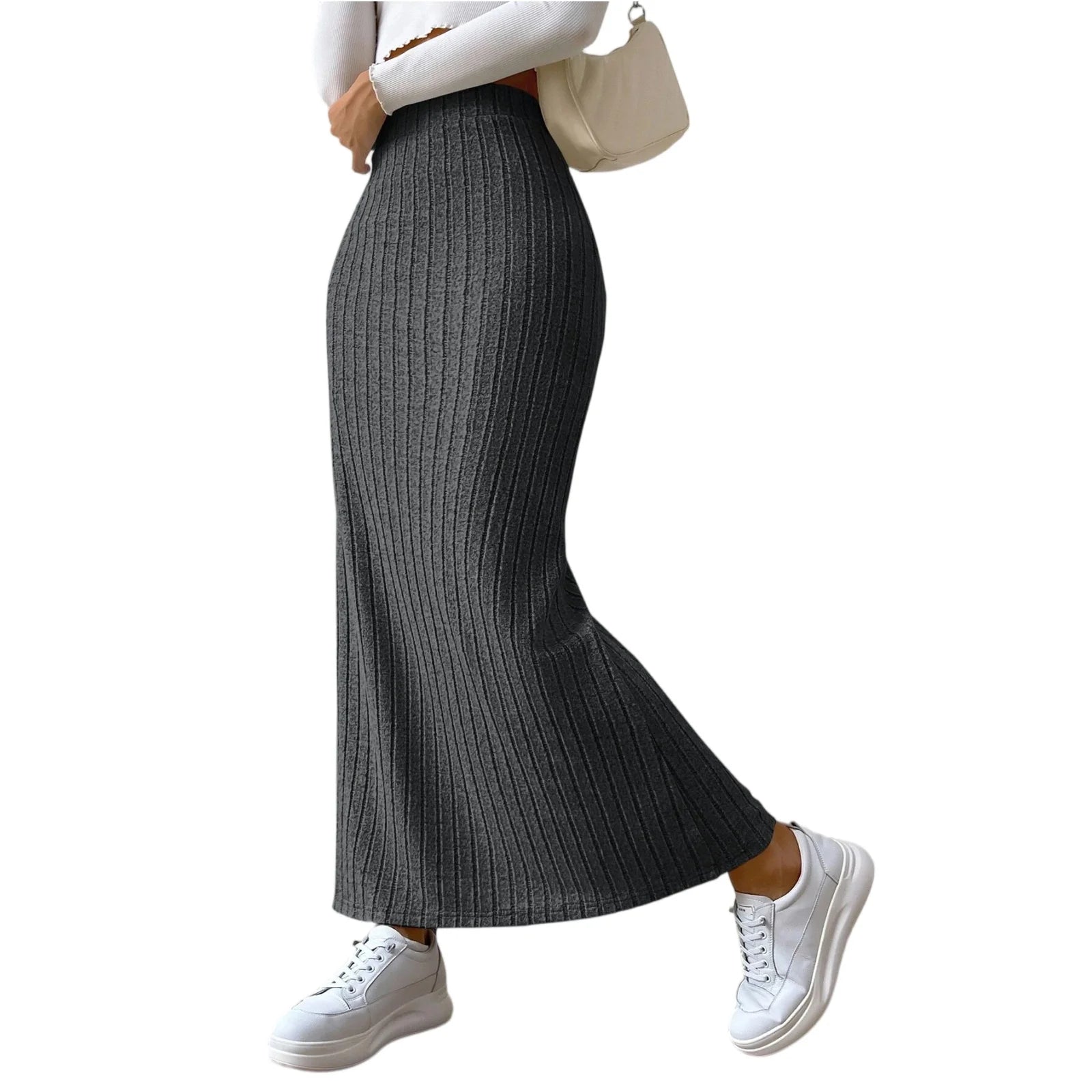 Solid Color Knitted Thick High Waist Slit Skirt