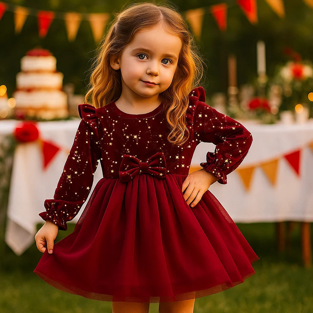 Velvet Long Sleeved Mesh Bow Princess Dress
