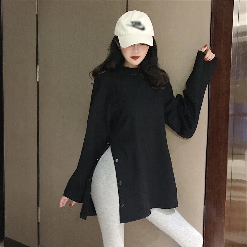 Loose Long Sve T-Shirt Women's Spring Autumn Korean Trendy BF Lazy Sle Student Versatile Slit Base Shirt Top