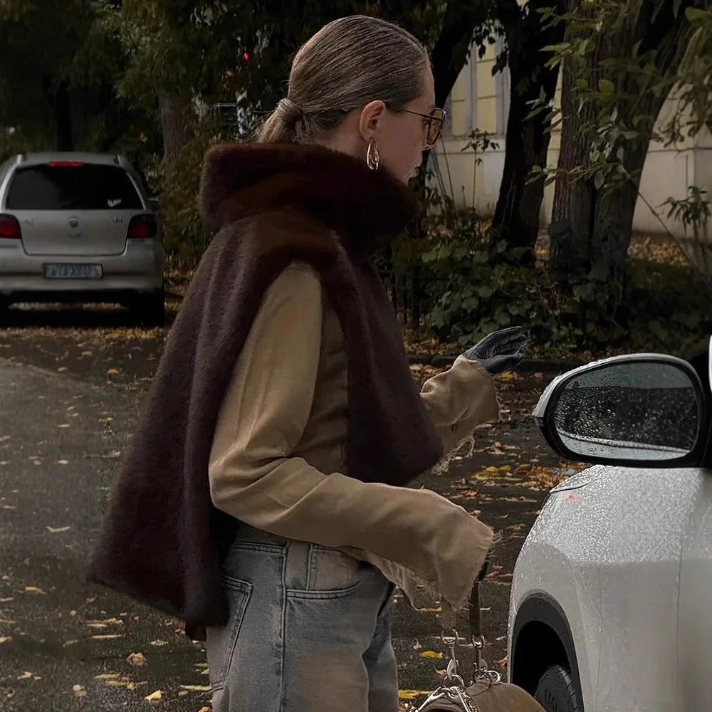 2025 New Autumn Winter Turtleneck Eco Faux Mink Fur Tank Tops Sleeveless Jacket Coat Faux Fur Sable Vest Crop Top