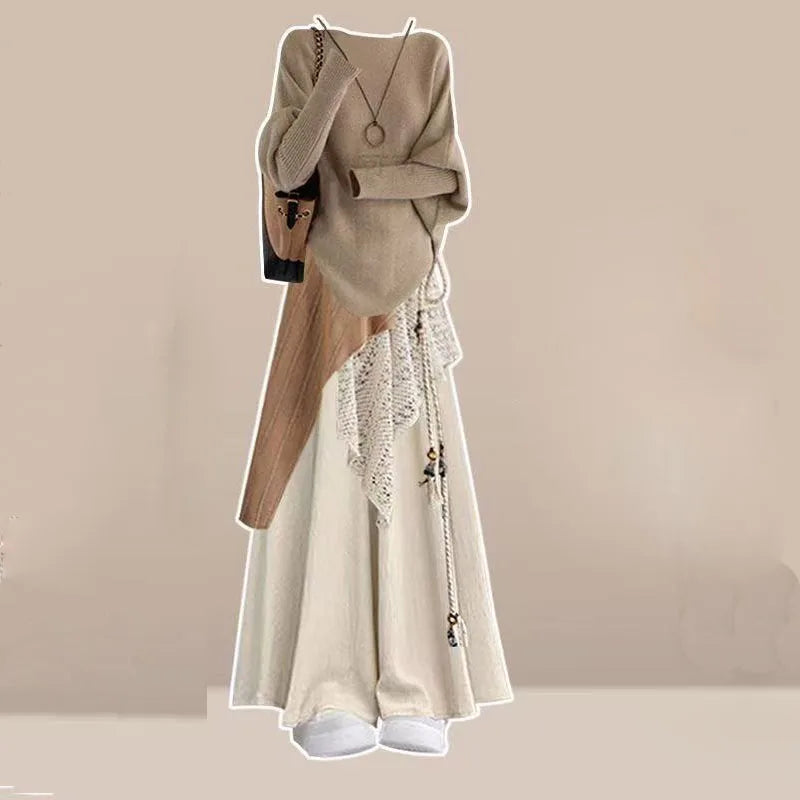 Lazy Style Knitted Shirt, Lace Draped Casual Skirt and Pants Set, Women's Autumn and Winter Atmosphere, Relaxed Wearing Style