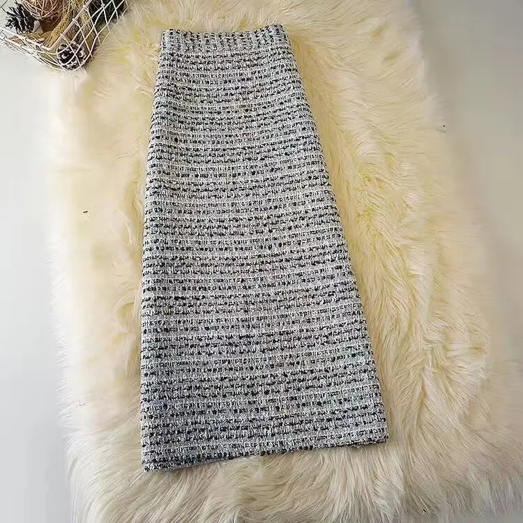 Long High Waist Plaid Tweed Skirt