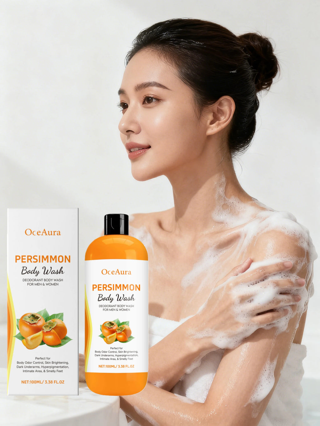 Persimmon Fresh Shower Gel Deep Cleaning Dirt Remove Odors Unclog Pores Rich Foam Barrier Repair Gentle Exfoliation Body Wash