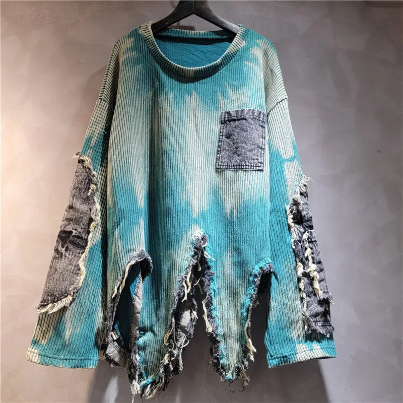 Irregular Patchwork Denim Tassel Colorful Tie-dye Knitted Pullover