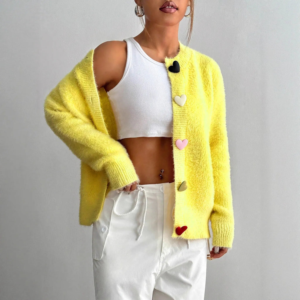 Fuzzy Yellow Cardigan Colorful Heart Buttons